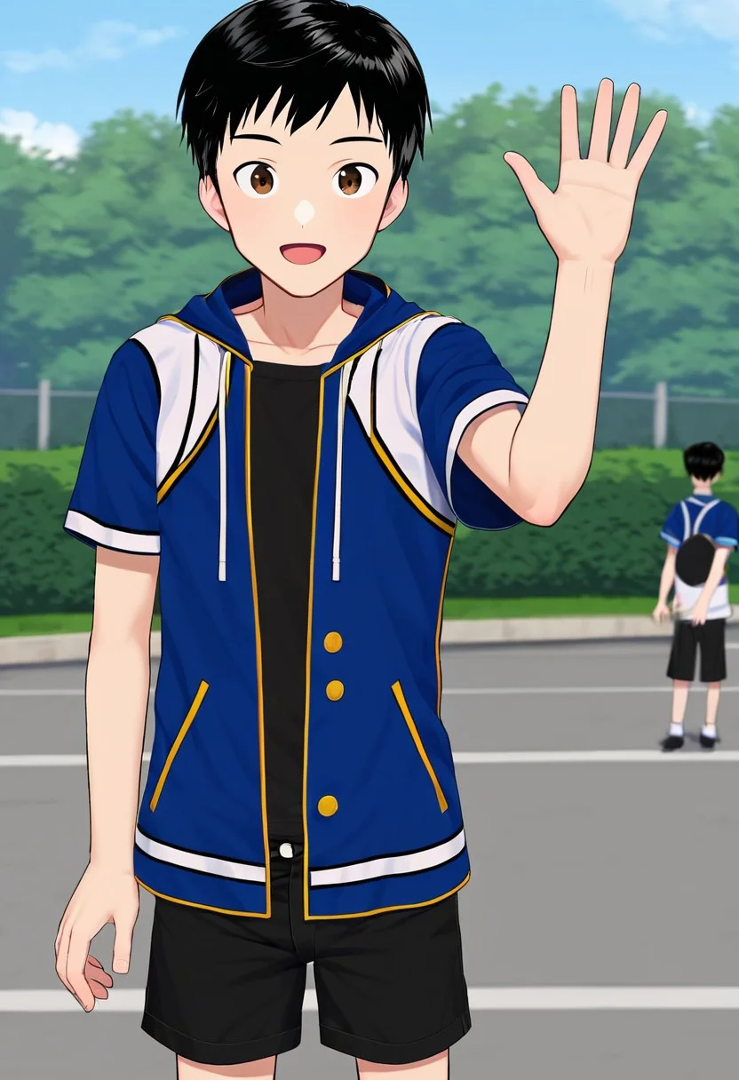 harmard, black hair, short hair, brown eyes, 1boy, solo, solo focus, wear open clothes, short sleeve, blue clothes, half clothes, wear black shorts, outdoor setting, right hand waving gesture