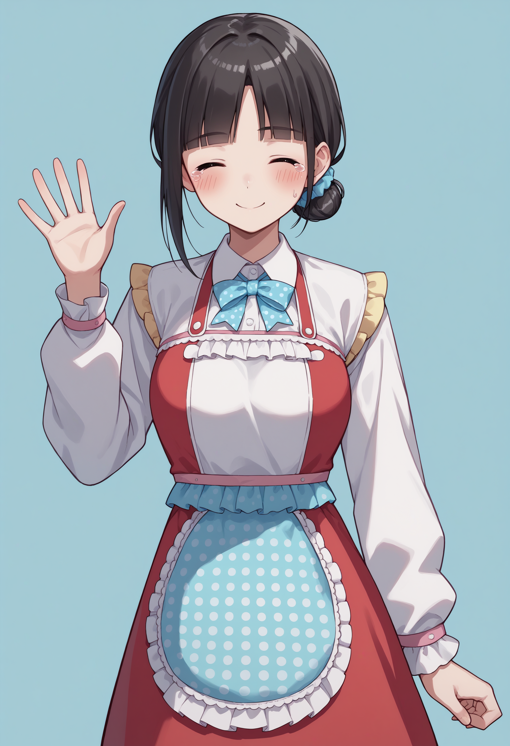 score_9, score_8_up, score_7_up, source_anime, su1, black hair, blunt bangs, sidelocks, single hair bun, scrunchie, blue scrunchie, bow, blue bow, shirt, white shirt, collared shirt, long sleeves, polka dot, apron, dress, red dress, waving, breasts, smile, (tears:0.9), blush, closed eyes, simple background, blue background, backlighting<lora:SuzukaUtakoXL-19:1>