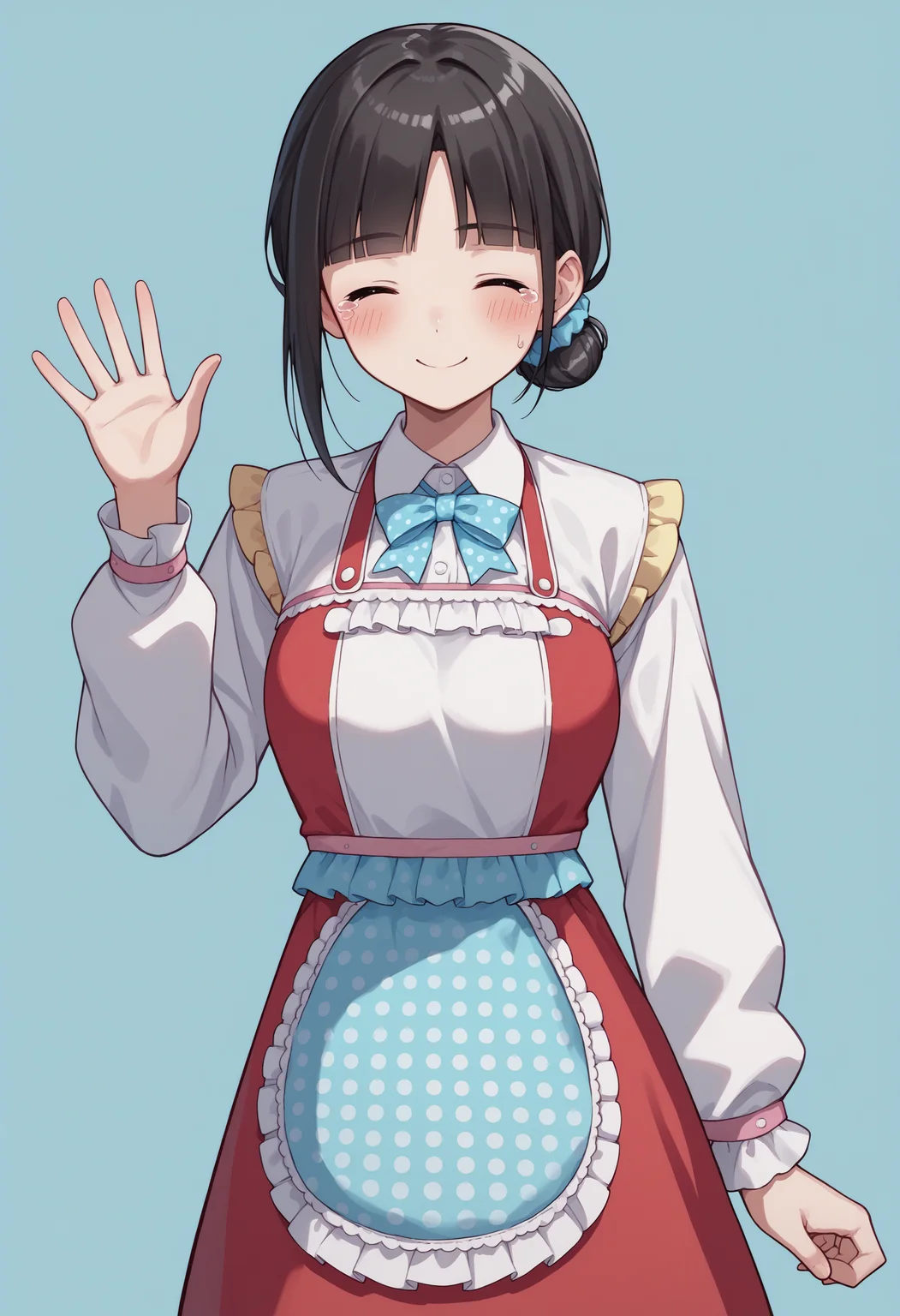 score_9, score_8_up, score_7_up, source_anime, su1, black hair, blunt bangs, sidelocks, single hair bun, scrunchie, blue scrunchie, bow, blue bow, shirt, white shirt, collared shirt, long sleeves, polka dot, apron, dress, red dress, waving, breasts, smile, (tears:0.9), blush, closed eyes, simple background, blue background, backlighting<lora:SuzukaUtakoXL-19:1>