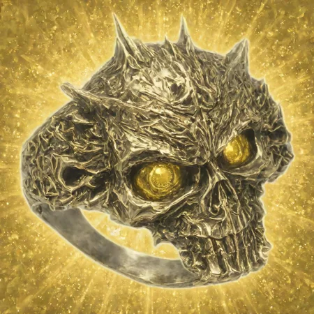 baldurs gate ring, yellow glow, gold ring, ring, HD, ring, skull ring, detailed, embossed ring, skull yellow eyes