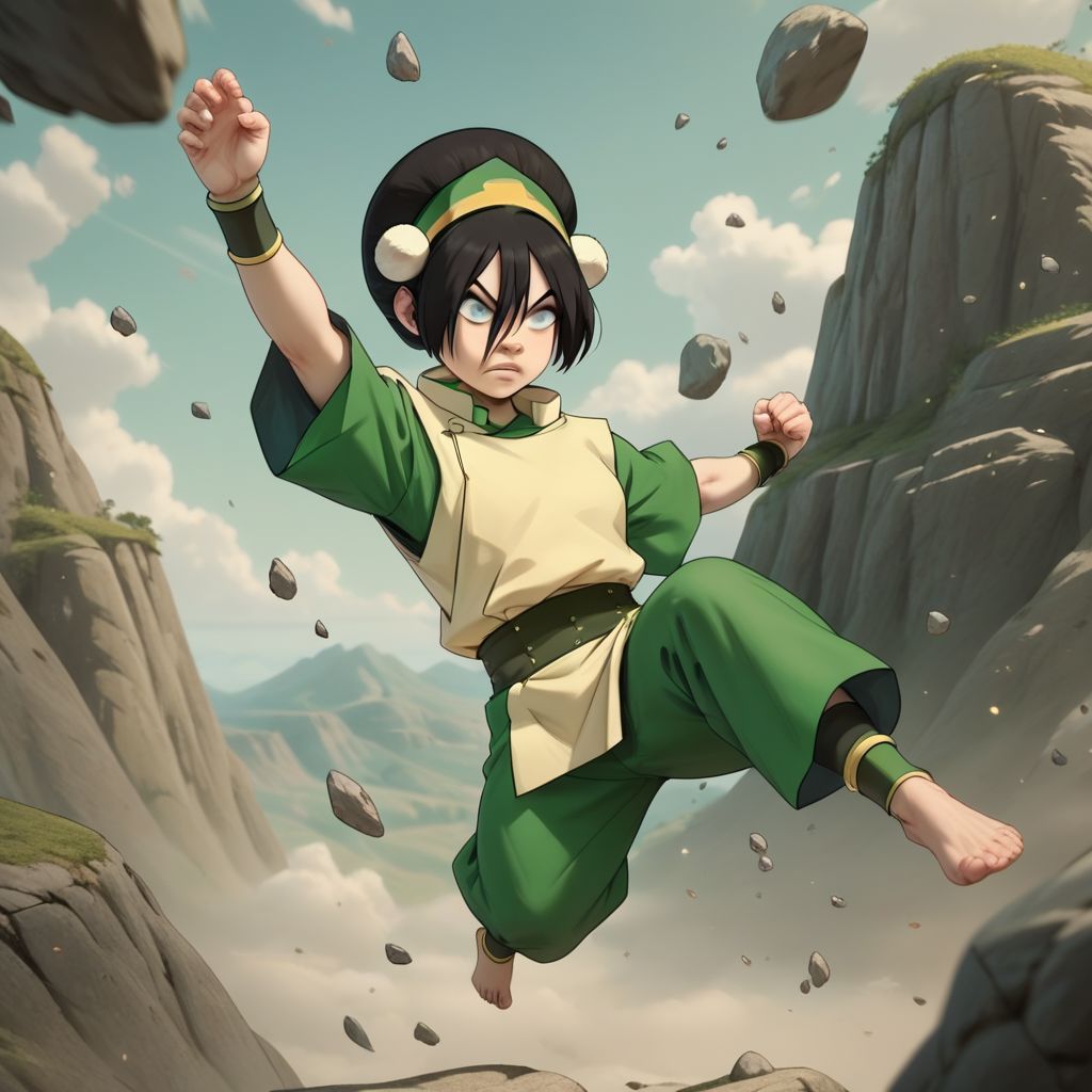 score_9, score_8_up, score_7_up, score_6_up, score_5_up, score_4_up, 1girl, Toph, blind, fighting stance, surrounded by floating rocks, flying rocks, barefoot, rocky terrain