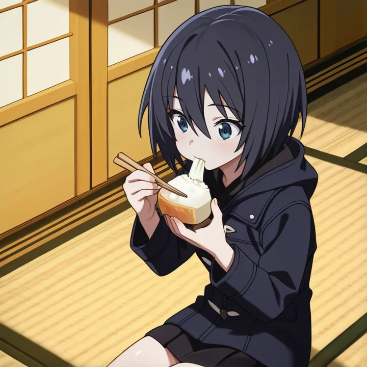 <lora:IL_Yamoto_Koki:1>,nin_sly_k,1girl,solo,Yamoto Koki,short hair,black hair,blue eyes,
hooded jacket,black miniskirt,
tatami,sit,rice cakes,eating,chopsticks,, masterpiece,best quality,amazing quality,very aesthetic,absurdres,