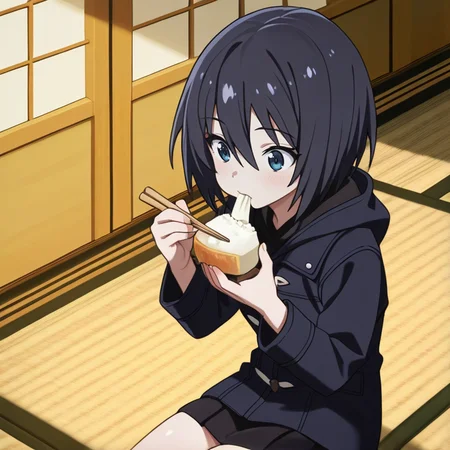 <lora:IL_Yamoto_Koki:1>,nin_sly_k,1girl,solo,Yamoto Koki,short hair,black hair,blue eyes,
hooded jacket,black miniskirt,
tatami,sit,rice cakes,eating,chopsticks,, masterpiece,best quality,amazing quality,very aesthetic,absurdres,