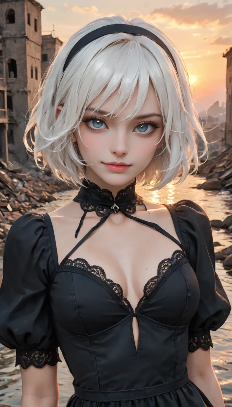 Portrait, (yorha no. 2 type b), short white hair, adult, cute, seductive, innocent, light smile:0.3, total black dress, hairband, clothing cutout, cleavage cutout, black puffy sleeves, black hairband, black feather-trimmed sleeves, black juliet sleeves, mole under mouth, sunset, rubble in the background, depth of field, dynamic angle, fashion photography, sharp, hyperdetailed:1.15, 4n1v3rs3