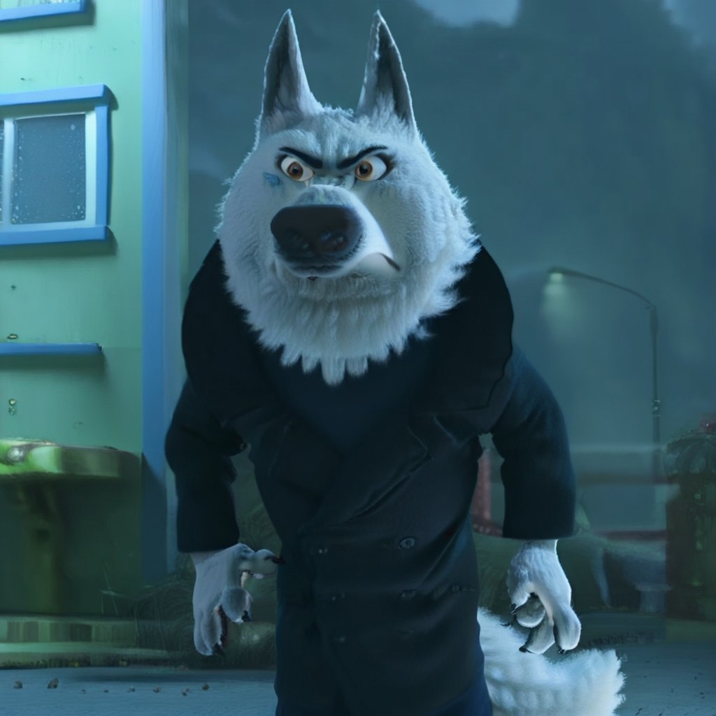 Gary, Timberwolf, Wolf, Zootopia, solo, Standing, black coat, cyan turtleneck, navy blue pants, annoyed expression, standing, hands on hip, front view, no humans
