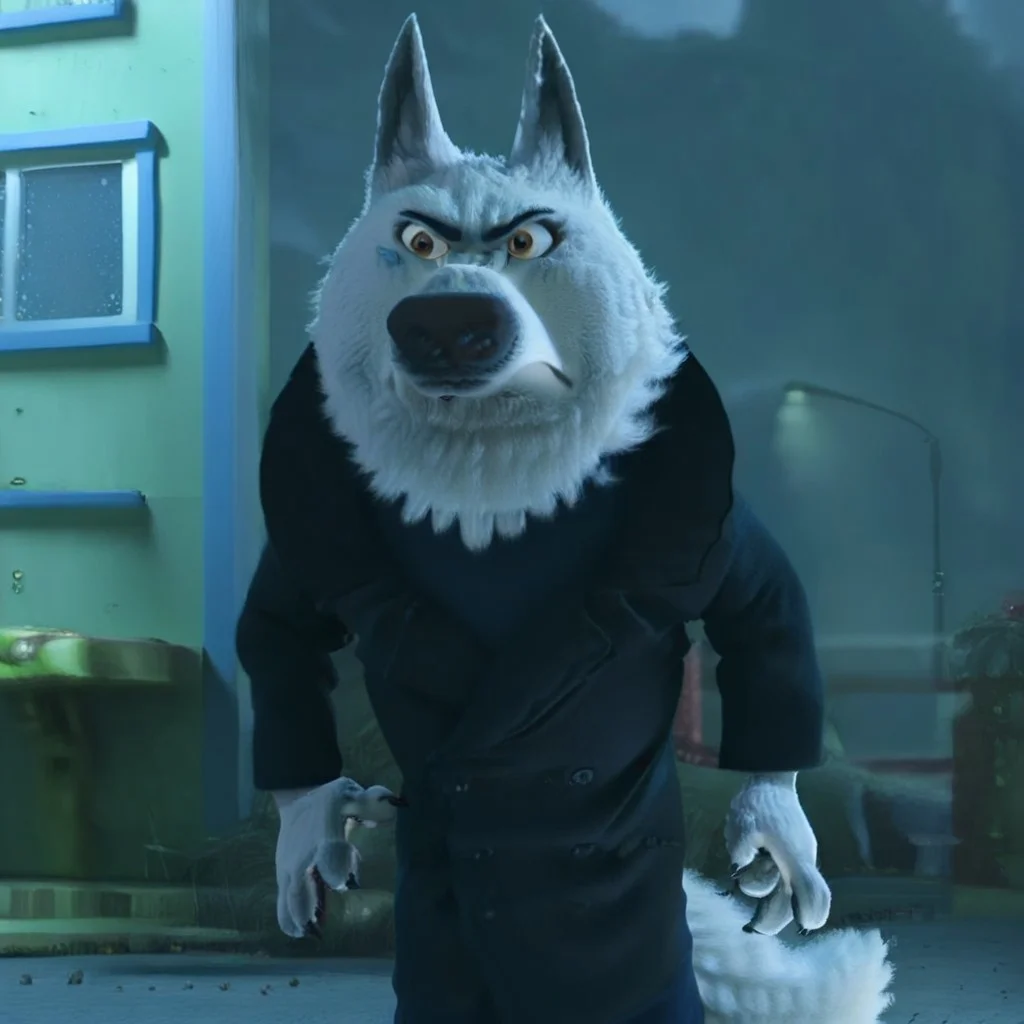 Gary, Timberwolf, Wolf, Zootopia, solo, Standing, black coat, cyan turtleneck, navy blue pants, annoyed expression, standing, hands on hip, front view, no humans