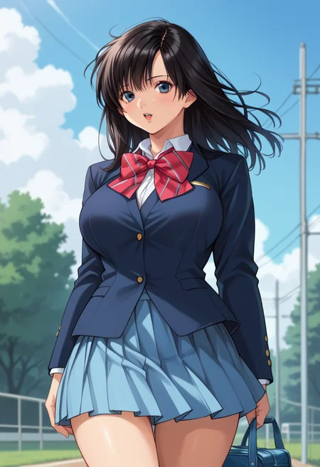 score_9, score_8_up, score_7_up, score_6_up, score_5_up, score_4_up, masterpiece, best quality, BREAK,
1girl, outdoors, school, <lora:Toujou_Aya:1> toujou_aya, black hair, long hair, large breasts, school uniform, skirt