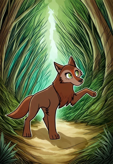 (zPDXL3), full body, solo, furry, best quality, animal focus, solo, mebh_wolf, full body, pokemon (creature), animal, wolf, green eyes, animal focus, dynamic pose, outdoors, forest , dynamic angle