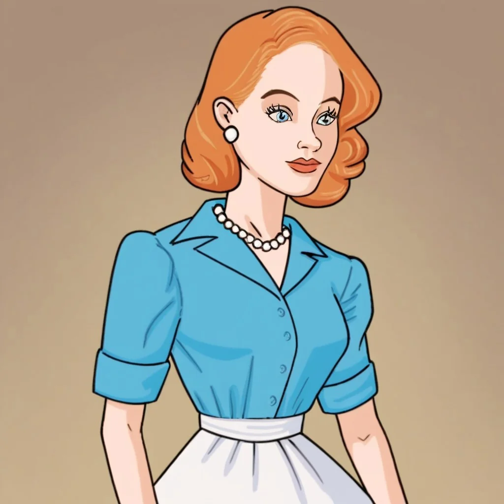 score_9,score_8_up,score_7_up,(masterpiece), best quality, expressive eyes, amazing quality, solo, 1girl, short sleeves, blue eyes, pearl necklace, brown hair, white skirt, lipstick, orange hair, blue shirt
