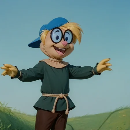 score_9_up, score_8_up, BREAK, scarecrowjr, scarecrow, male child, glasses, blue eyes, anthro, yellow straw body, blue hat, green shirt, brown pants, male focus, blonde hair, rope belt, solo, 1boy, retro, sunny, realistic, chasing butterflies, happy