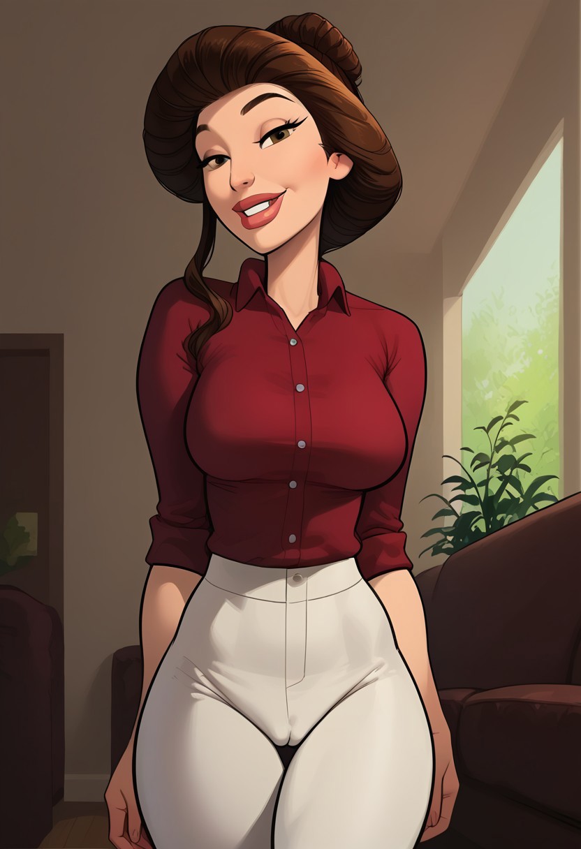 <lora:WeiMHANPony:1>, score_9, score_8_up, score_7_up, score_6_up, score_5_up, score_4_up Wei, 1girl, mature female,, solo, brown hair, lookingat viewer, brown eyes, pants, frontal view hair bun, breasts,smile, thick lips, shirt, medium breasts, makeup. in the style of my hot assed neighbor,  very tight pants, camel toe, inside living room, 
Clean bold lines, smooth lines, intricate details,
stunningly shot, hyperrealism, 8k Sony Alpha α7, ISO1900, cinematic portrait,