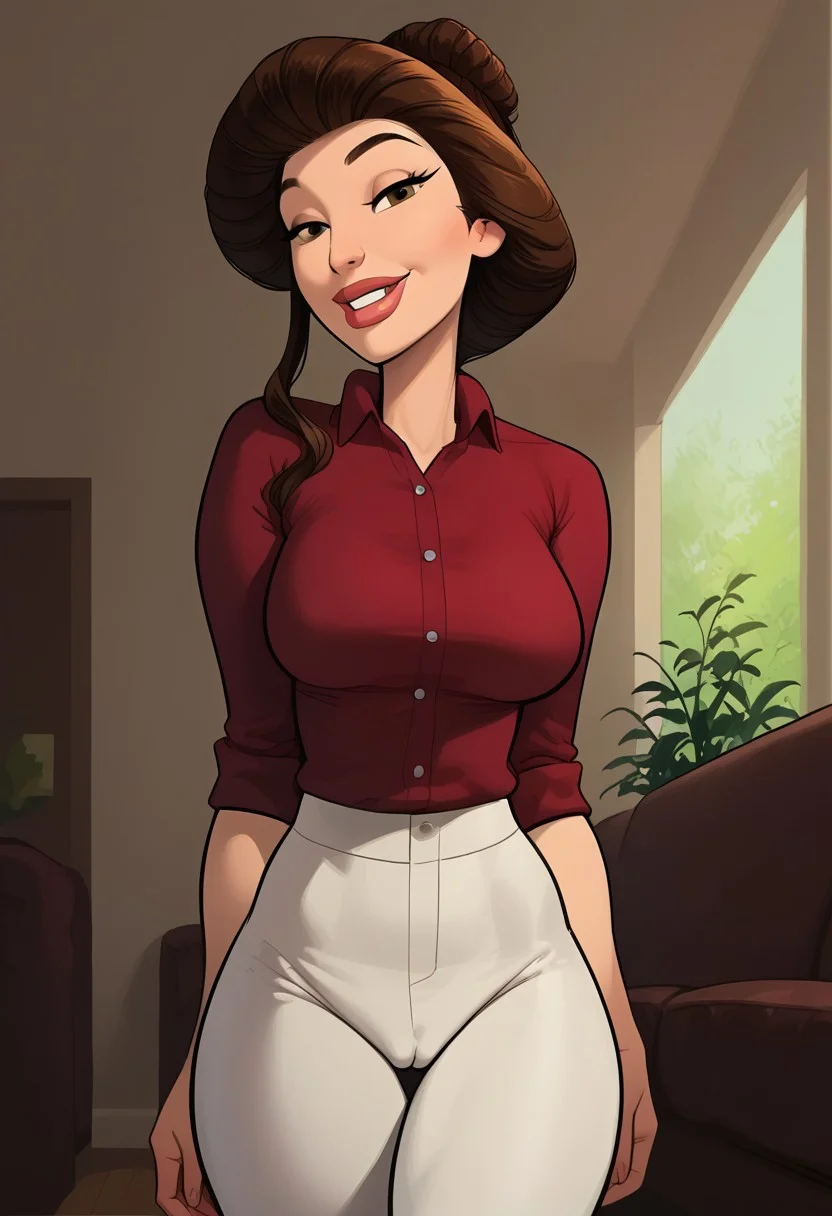 <lora:WeiMHANPony:1>, score_9, score_8_up, score_7_up, score_6_up, score_5_up, score_4_up Wei, 1girl, mature female,, solo, brown hair, lookingat viewer, brown eyes, pants, frontal view hair bun, breasts,smile, thick lips, shirt, medium breasts, makeup. in the style of my hot assed neighbor, very tight pants, camel toe, inside living room,
Clean bold lines, smooth lines, intricate details,
stunningly shot, hyperrealism, 8k Sony Alpha α7, ISO1900, cinematic portrait,