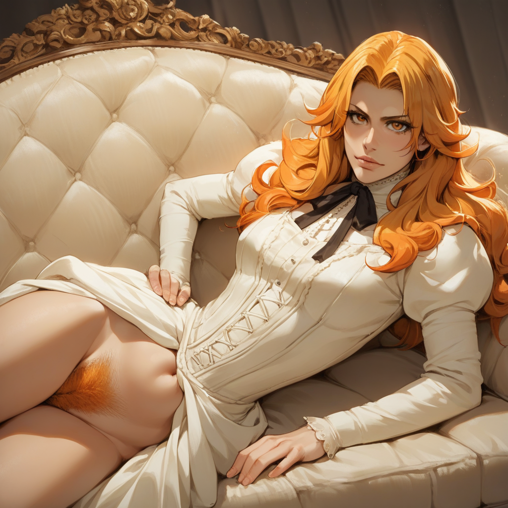 (source_anime:1.2), 2.5D, score_9,score_8_up, score_7_up,score_6_up, anime style, highly detailed, absurdres, BREAK, Matsumoto Rangiku\(Bleach\), long hair, wavy hair, (Blonde hair:1.2, orange hair), (Blonde pubic hair:1.2, orange pubic hair), centerfold, posing, playboy, playboyposexl, couch, (titanic pose), laying on couch, on side, hand on hip, looking at viewer, elegant furniture, Victorian,