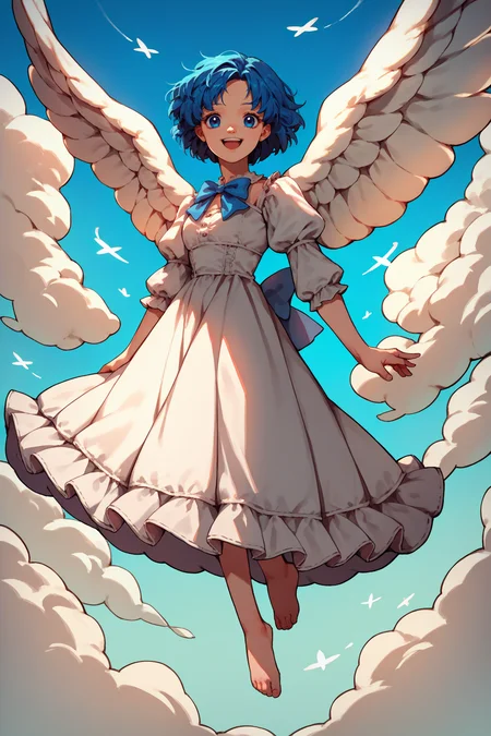 score_9, score_8_up, score_7_up, score_6_up, source_anime, 1girl, solo, <lora:sailormercury-pdxl-nvwls-v1-000005:1> slrmc, blue hair, short hair, blue eyes, white dress, long dress, frills, puffy sleeves, angel wings, looking at you, blue sky, clouds, happy, flying, barefoot
