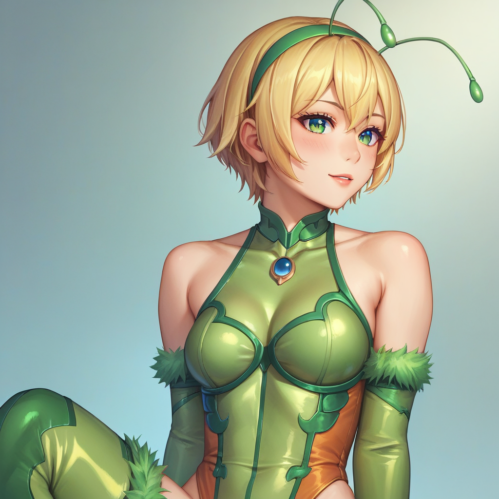 score_9, score_8_up, score_7_up,score_6_up,uncensored,detailed eyes,perfect eyes,extremely detailed CG,extremely detailed face,detailed Lora,best quality,source_anime,anime,perfect face, beautiful eyes,beautiful face, detailed eyes ,masterpiece,high resolution, distinct image BREAK   <lora:Parupirio:0.75> 1girl, solo, blonde hair, thighhighs, boots, leotard,  thigh boots, green leotard,  green thighhighs, Parupirio,short hair,hairband,green antennae,green elbow sleeve