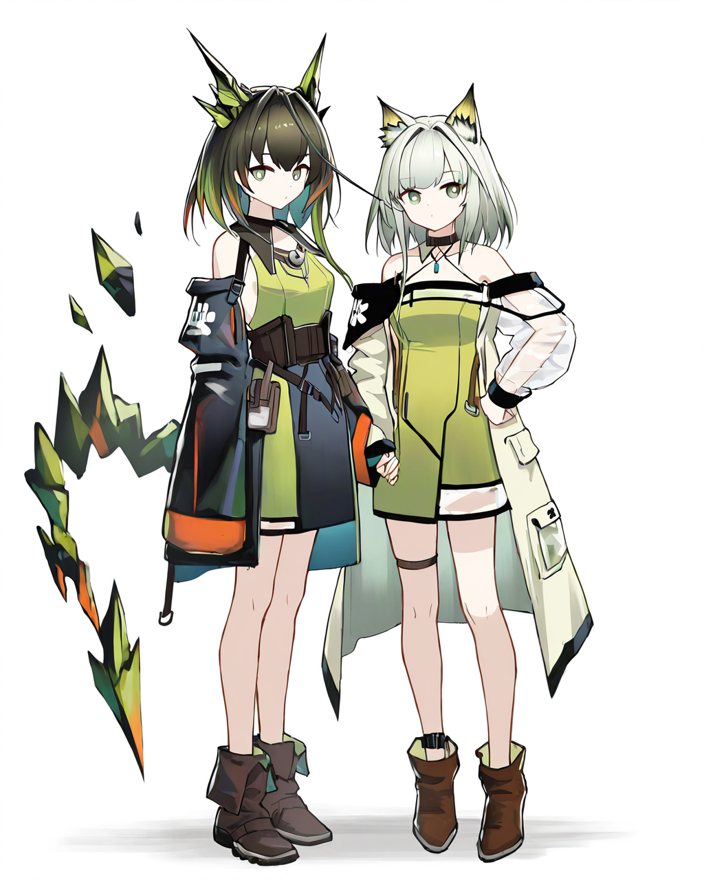 masterpiece,best quality,year 2024,newest,highres,absurdres,very Aesthetic,<lora:mon3tr_(arknights)_ill:1>,2girls, multiple girls, character: kal'tsit (arknights), character: mon3tr (arknights), white background, simple background, full body, standing, looking at viewer, looking to the side, holding hands, closed mouth, covered mouth, short hair with long locks, hair intakes, hand on own hip, thigh strap, collarbone, ankle boots, boots, sleeves past fingers, mismatched sleeves, see-through sleeves, black choker, long sleeves, asymmetrical sleeves, off shoulder, choker, sleeves past wrists, bare shoulders, personification, aged down, see-through clothes, brown boots