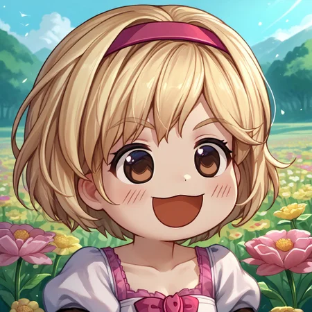 score_9, score_8_up, score_7_up, open mouth, smile, chibi, :d, :3, <lora:GyateGyate_pdxl_Incrs_v1:1>, flower field,flowers, outdoors, djeetadef, pink hairband, dress, puffy sleeves, gauntlets, face, close up, angled eyebrows