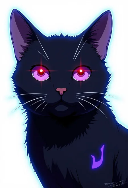Anime-styled illustration close-up portrait of a domestic shorthair cat. The cat's face and upper body are covered in its natural black fur.
The cat's piercing, almond-shaped eyes are purple with black pupils, with a bright, glowing red light in the center of each pupil which stand out against the black contrast. Its Its ears are perked forward, alert and attentive. The cat's small, pink nose is perfectly centered, providing a subtle touch of color amidst the monochrome design.
Shot against a pure white background, the lighting is dramatic and high-contrast, emphasizing the cat's eyes. The illumination highlights the sleek texture of the cat's short fur and the reflective quality of its eyes.
Every detail is captured with precision: individual whiskers, the subtle variations in the cat's skin texture, and the crisp edges of the painted patterns. The image is composed as a head and shoulder shot, filling the frame with the feline's uniquely adorned face and upper body.
The Cat is highlighted by a faint glowing blue outline around it, indicating that they might be using or preparing to use some sort of power or ability.
C0NTR4CT0R