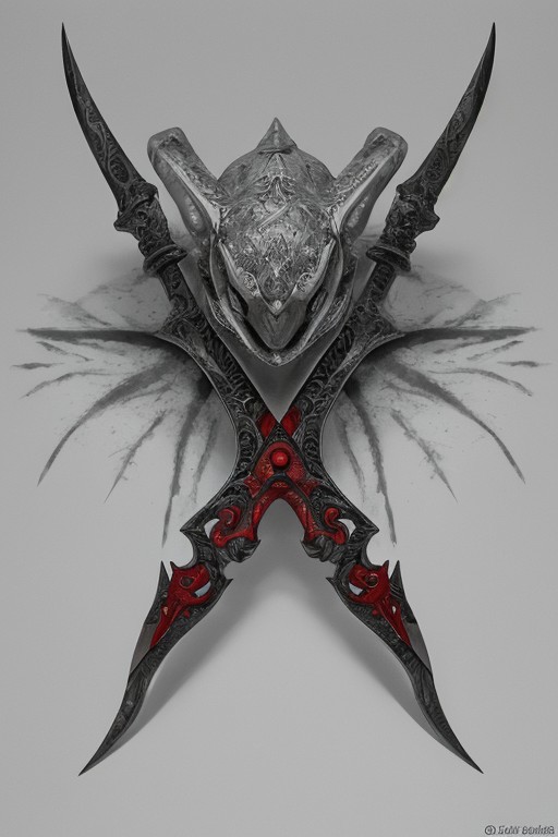 A stunningly realistic and brutal photo of a demonic dagger, featuring a long, sleek black metal blade that reflects light. The double-edged, full tang blade is sharp and deadly. The handle, made of black material, showcases intricate demonic patterns and stripes. A ruby adorns the center, adding a pop of red to the sinister design. The dagger is depicted alone, with no humans or other objects in the image, allowing the viewer to fully appreciate its menacing beauty., photo, product