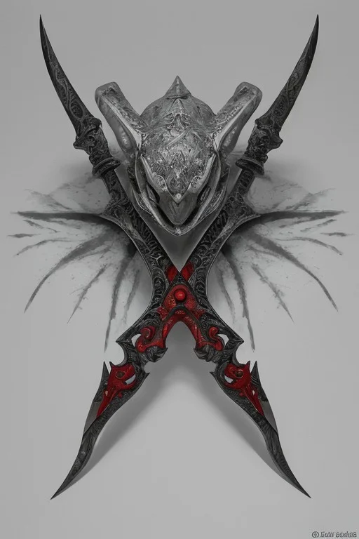 A stunningly realistic and brutal photo of a demonic dagger, featuring a long, sleek black metal blade that reflects light. The double-edged, full tang blade is sharp and deadly. The handle, made of black material, showcases intricate demonic patterns and stripes. A ruby adorns the center, adding a pop of red to the sinister design. The dagger is depicted alone, with no humans or other objects in the image, allowing the viewer to fully appreciate its menacing beauty., photo, product