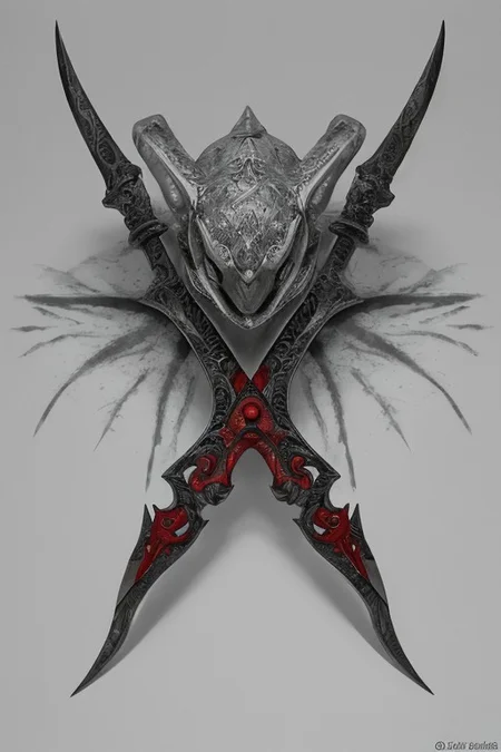 A stunningly realistic and brutal photo of a demonic dagger, featuring a long, sleek black metal blade that reflects light. The double-edged, full tang blade is sharp and deadly. The handle, made of black material, showcases intricate demonic patterns and stripes. A ruby adorns the center, adding a pop of red to the sinister design. The dagger is depicted alone, with no humans or other objects in the image, allowing the viewer to fully appreciate its menacing beauty., photo, product
