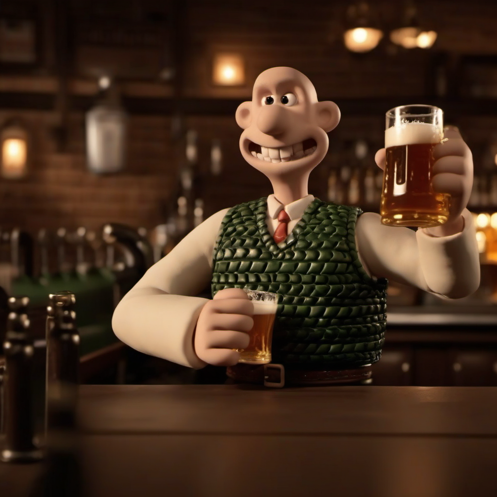 cinematic photo 1boy, bald, solo,  whool vest,  teeth, having a beer in pub <lora:WallaceGromit1024:0.8> . 35mm photograph, film, bokeh, professional, 4k, highly detailed