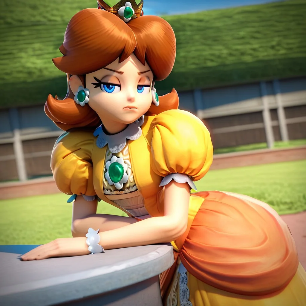 score_9, score_8_up, score_7_up, 3d, highres, best quality, high quality, 1girl, princess daisy, brown hair, short hair, blue eyes, crown, jewelry, earrings, yellow dress, puffy sleeves, bored, annoyed, cowboy shot, dutch angle, looking at viewer, outdoors, sunset