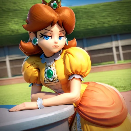 score_9, score_8_up, score_7_up, 3d, highres, best quality, high quality, 1girl, princess daisy, brown hair, short hair, blue eyes, crown, jewelry, earrings, yellow dress, puffy sleeves, bored, annoyed, cowboy shot, dutch angle, looking at viewer, outdoors, sunset