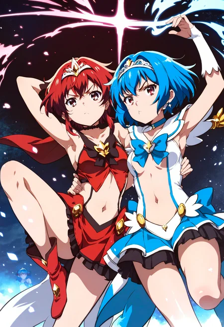 score_9,score_8_up,score_7_up,score_6_up,source_anime,<lora:MeMaXLV3_TypeB_AutismMix:1>,2girls,pose,hug,magical girl,looking at viewer,magic,multicolored hair,blue hair,red hair,long hair,short hair,large breasts,small breasts,tiara,skirt,bare legs,leg up,navel,collarbone,serious,pout,