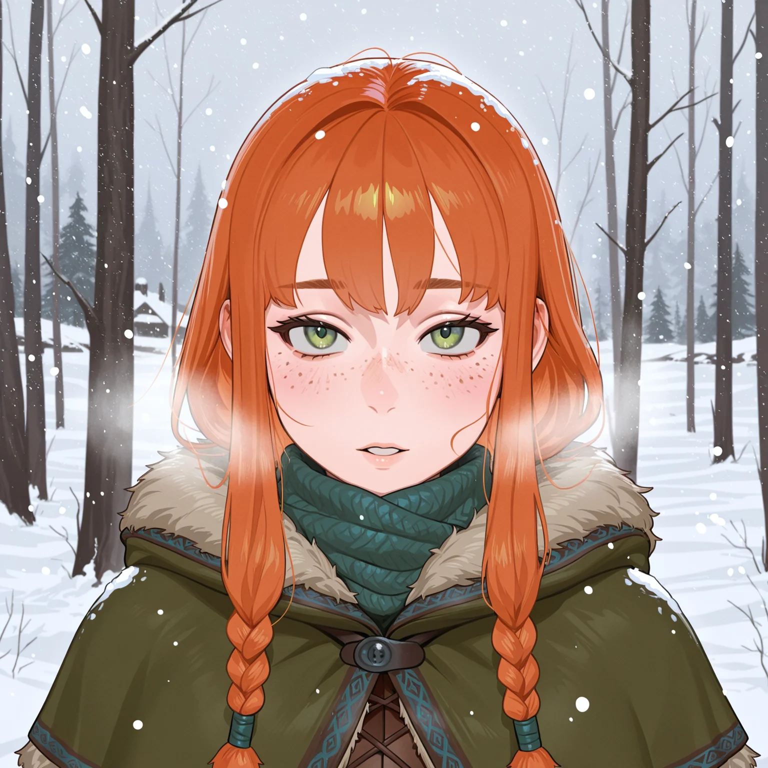 masterpiece, best quality, 1girl, green eyes, freckles, breath, viking, medieval, snow, snowing