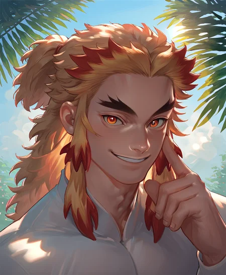 rengoku, male focus, manly, portrait, outside, sunlight, smile, looking at you, score_9, score_8_up, score_7_up, score_6_up, score_5_up, score_4_up, source_anime<lora:rengoku20:1> <lora:smooth:1>