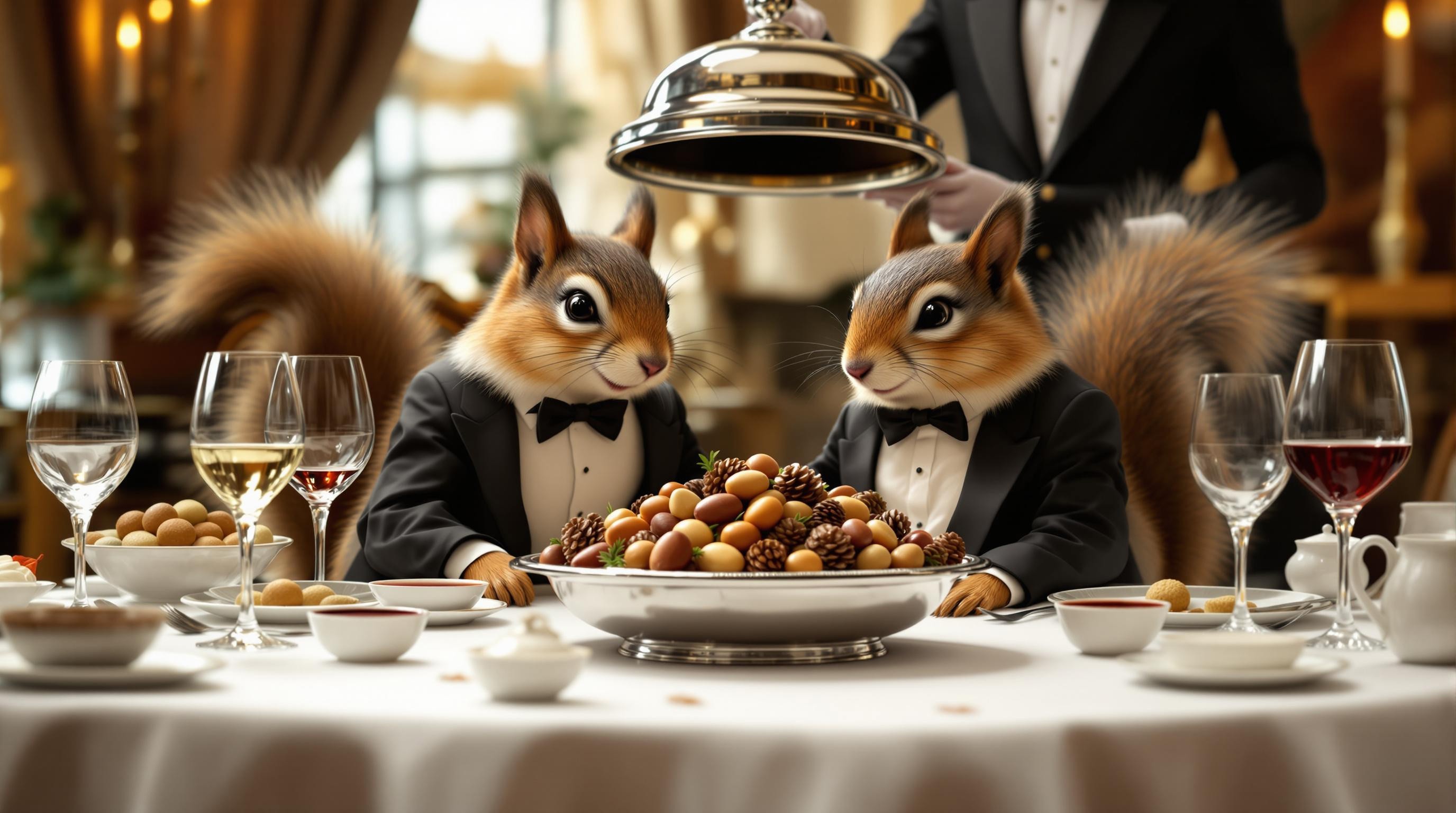 A high-class dinner scene in a grand dining room. A lavish dinner table covered with pristine white linen, adorned with fine china, crystal glasses filled with wine, and elegant silverware. At the center, two squirrels dressed in impeccably tailored black tuxedos and bow ties are seated at a squirrel sized dinner table with an expression of happiness . 
They are looking down at a silver platter containing a pile of acorns, pine cones and pine nuts, rendered in high detail. On the table, beside the platter, a variety of sauces are present small bowls. Behind them, a waiter dressed in a traditional black-and-white uniform holds the domed silver lid of the platter, recently removed. The atmosphere is sophisticated, with warm, soft lighting and subtle reflections on the polished tableware.