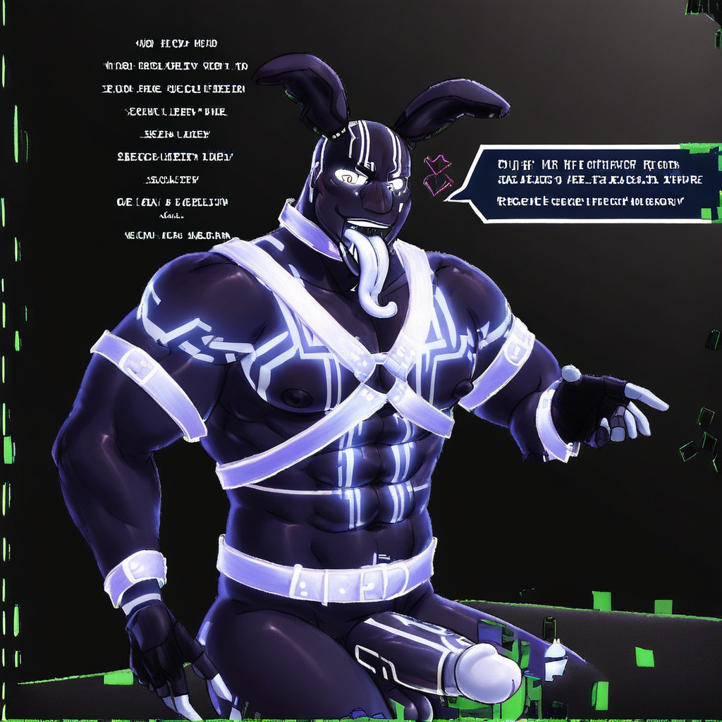 stomach, nipples, speech bubble, glitch, mature male, large penis, english text, nude, heart, shirt, large pectorals, glowing lines, belt, artist name, outside border, sitting, character name, fingerless gloves, glowing, fake animal ears, black background, abs, tongue, looking back, harness, robot