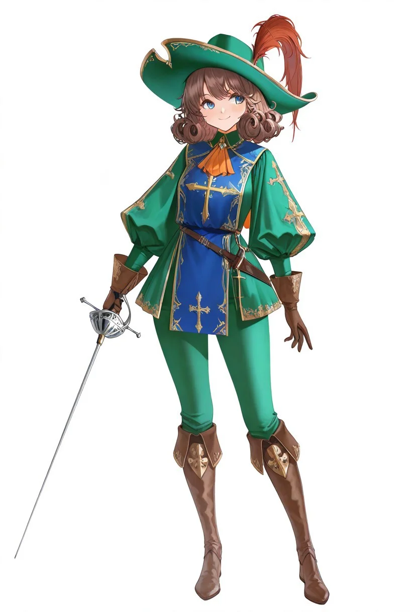 masterpiece, best quality, very aesthetic, absurdres,
full body, solo, 1girl, baudouin \(fantasica\), court knight, musketeer,
blue eyes, brown hair, medium hair, mullet, curly hair,
cavalier hat, green headwear, plume, orange ascot, blue tabard, gold trim, cross, shirt, green shirt, puffy long sleeves, puff and slash sleeves, brown gloves, green pants, knee boots, brown footwear,
holding rapier, fencing,
facing viewer, looking to the side, standing, legs apart, smile, closed mouth,
white background,
az-ys-il