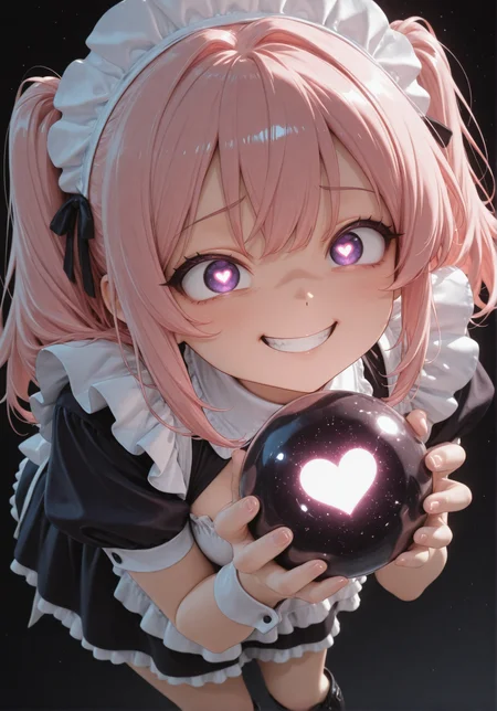 1girl, solo, civchan, medium_hair, pink hair, looking_at_viewer, smile, bangs, anime, simple_background, black background, twintails, purple_eyes, boots, maid, teeth, grin, glowing, glowing_eyes, dutch angle, (pout:0.9),
heart-shaped pupils, [crazy eyes], cg, masterpiece, 8k, holding technological orb, meme, comic

<lora:CivChan:0.9>