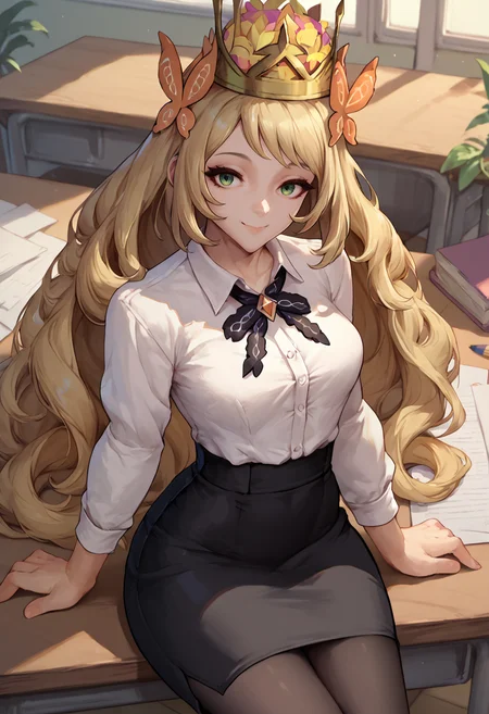score_9, score_8_up, score_7_up, solo, 1girl, feceline, smile, looking at viewer, sitting on desk, butterfly hair ornament, crown, white shirt, collared shirt, black skirt, pencil skirt, black pantyhose, indoors, office <lora:fireemblem_celine_ponyXL:1>