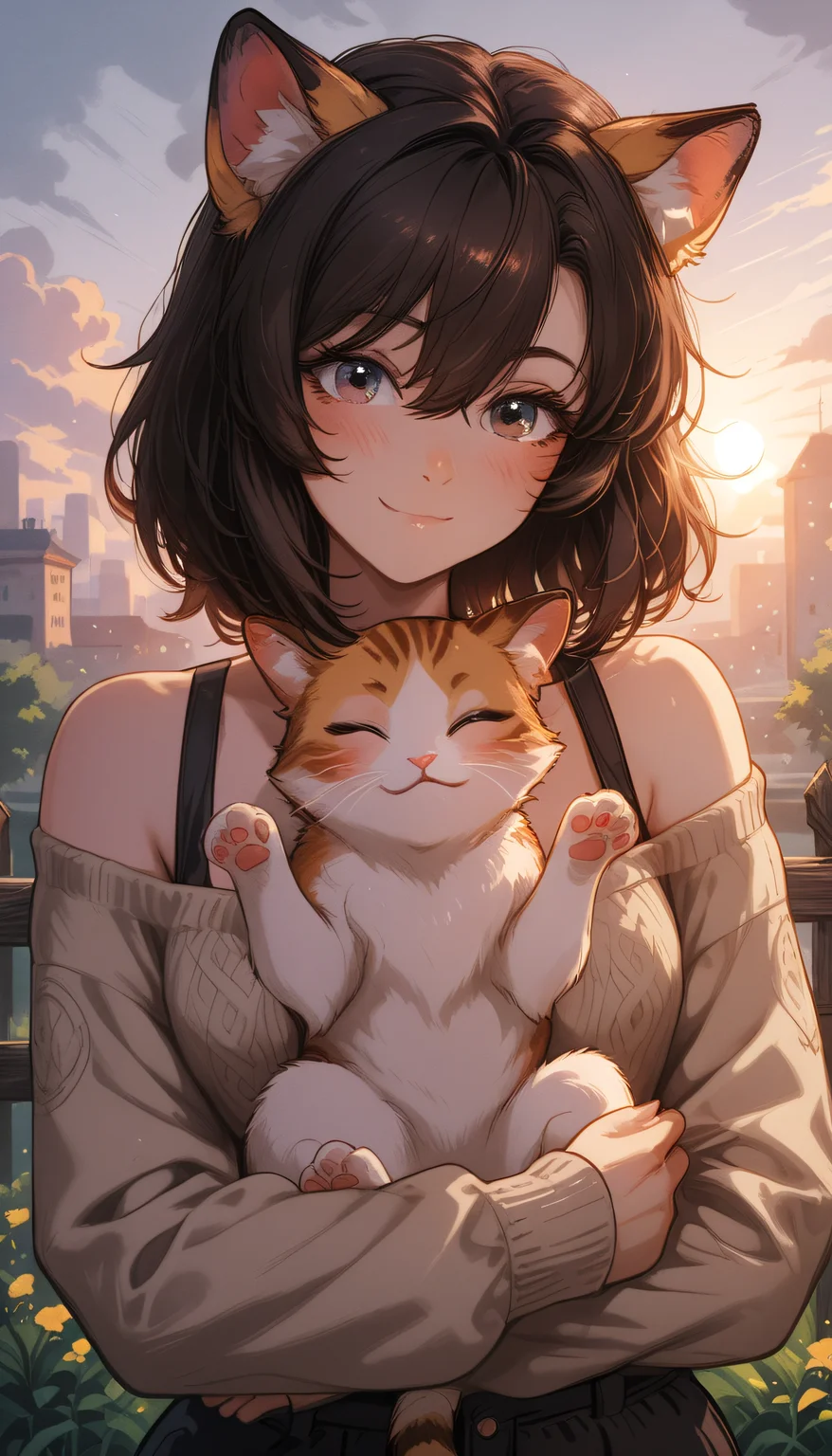 masterpiece,
perfect eyes, vivid colors, vibrant colors,
pinkretroanime, retro art, (lineless:1.5), smooth edges,
, In this serene scene, a young woman with dark hair and striking blue eyes is seated on a grassy hillside under a soft, overcast sky. She's holding two orange tabby cats in her arms, their fur a warm glow against the cool tones of the day. Her attire is casual, with a comfortable-looking sweater providing a cozy backdrop to the scene. The woman is looking directly at the camera, her expression one of gentle contentment. The cats are calm and relaxed in her embrace, their heads comfortably resting on her chest as they gaze out into the distance. In the background, there's a tranquil field with patches of wildflowers dotting the landscape. A quaint cottage nestles among the greenery, adding to the idyllic atmosphere. The lighting is soft and diffused, suggesting either early morning or late afternoon when the sun casts a gentle glow on the scene. There's no text visible in the image, and the overall mood conveyed by the image is one of peace and contentment, as if capturing a moment of quiet enjoyment in nature., 1girl, solo, looking at viewer, blush, smile, short hair, bangs, blue eyes, brown hair, black hair, long sleeves, holding, animal ears, hair between eyes, bare shoulders, brown eyes, closed mouth, jacket, closed eyes, upper body, outdoors, sky, day, cloud, cat ears, medium hair, off shoulder, blurry, sweater, sketch, animal ear fluff, head tilt, sleeves past wrists, hug, :3, depth of field, blurry background, animal, sunlight, cat, bob cut, light smile, plant, building, portrait, backlighting, sunset, fence, cityscape, holding animal, brown sweater, off-shoulder sweater, white cat, holding cat, animal hug, cat day