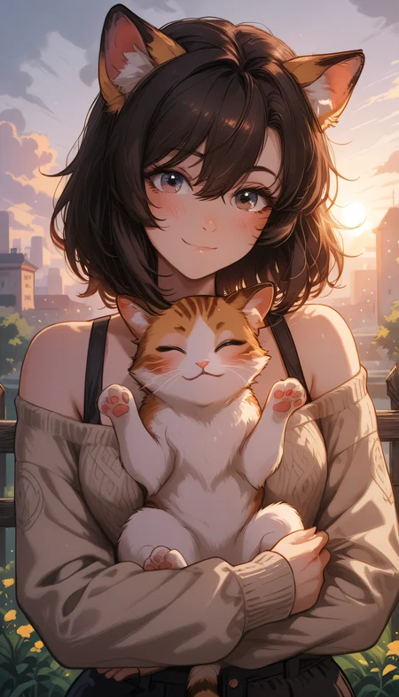 masterpiece,
perfect eyes, vivid colors, vibrant colors,
pinkretroanime, retro art, (lineless:1.5), smooth edges,
, In this serene scene, a young woman with dark hair and striking blue eyes is seated on a grassy hillside under a soft, overcast sky. She's holding two orange tabby cats in her arms, their fur a warm glow against the cool tones of the day. Her attire is casual, with a comfortable-looking sweater providing a cozy backdrop to the scene. The woman is looking directly at the camera, her expression one of gentle contentment. The cats are calm and relaxed in her embrace, their heads comfortably resting on her chest as they gaze out into the distance. In the background, there's a tranquil field with patches of wildflowers dotting the landscape. A quaint cottage nestles among the greenery, adding to the idyllic atmosphere. The lighting is soft and diffused, suggesting either early morning or late afternoon when the sun casts a gentle glow on the scene. There's no text visible in the image, and the overall mood conveyed by the image is one of peace and contentment, as if capturing a moment of quiet enjoyment in nature., 1girl, solo, looking at viewer, blush, smile, short hair, bangs, blue eyes, brown hair, black hair, long sleeves, holding, animal ears, hair between eyes, bare shoulders, brown eyes, closed mouth, jacket, closed eyes, upper body, outdoors, sky, day, cloud, cat ears, medium hair, off shoulder, blurry, sweater, sketch, animal ear fluff, head tilt, sleeves past wrists, hug, :3, depth of field, blurry background, animal, sunlight, cat, bob cut, light smile, plant, building, portrait, backlighting, sunset, fence, cityscape, holding animal, brown sweater, off-shoulder sweater, white cat, holding cat, animal hug, cat day