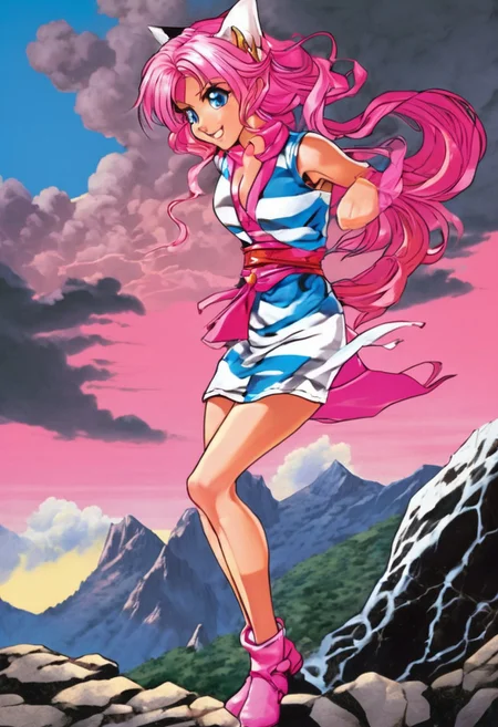 Duo, 1girl, Pink_PonyXL, ((sleeveless dress, white tiger print dress)), pelvic curtain, cleavage, ((white tiger tail)), red sash, ((white cat ears)), medium breasts, ((pink hair, long hair)), sweet smile, wide eyes, single fang showing, Break 1boy, ((link, blonde hair,blue eyes,pointy ears, low ponytail, sidelocks, wearing blue hyilian tunic)), Break, pink and link standing on a rocky hill, holding each other tightly, storm clouds on the horizon, lightning strike, (((text, bold poster text reading "The Adventure of Pink", text above her))), box_art_frenzy, 1980s Nintendo box cover art, video game,