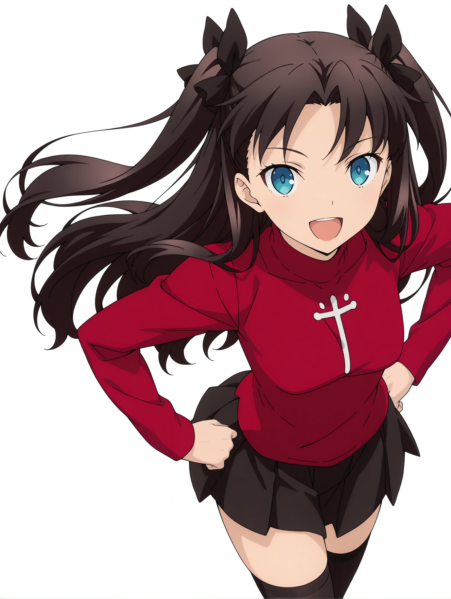 masterpiece,best quality,newest,1girl,solo,
anime screencap,<lora:T_Rin_ilxlv1.3:1>,t_rin,two side up,black hair bow,black hair,blue eyes,r_clothes,turtleneck,long sleeves,red shirt,miniskirt,black_thighhighs,
<lora:Fixhands_anime_bdsqlsz_V1:1>,looking_at_viewer,simple_background,white_background,:d,standing,cowboy_shot,