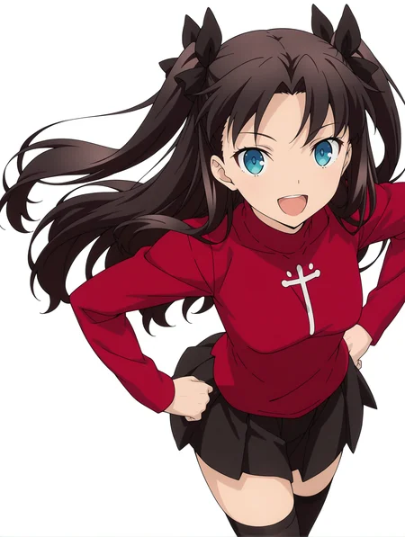 masterpiece,best quality,newest,1girl,solo,
anime screencap,<lora:T_Rin_ilxlv1.3:1>,t_rin,two side up,black hair bow,black hair,blue eyes,r_clothes,turtleneck,long sleeves,red shirt,miniskirt,black_thighhighs,
<lora:Fixhands_anime_bdsqlsz_V1:1>,looking_at_viewer,simple_background,white_background,:d,standing,cowboy_shot,