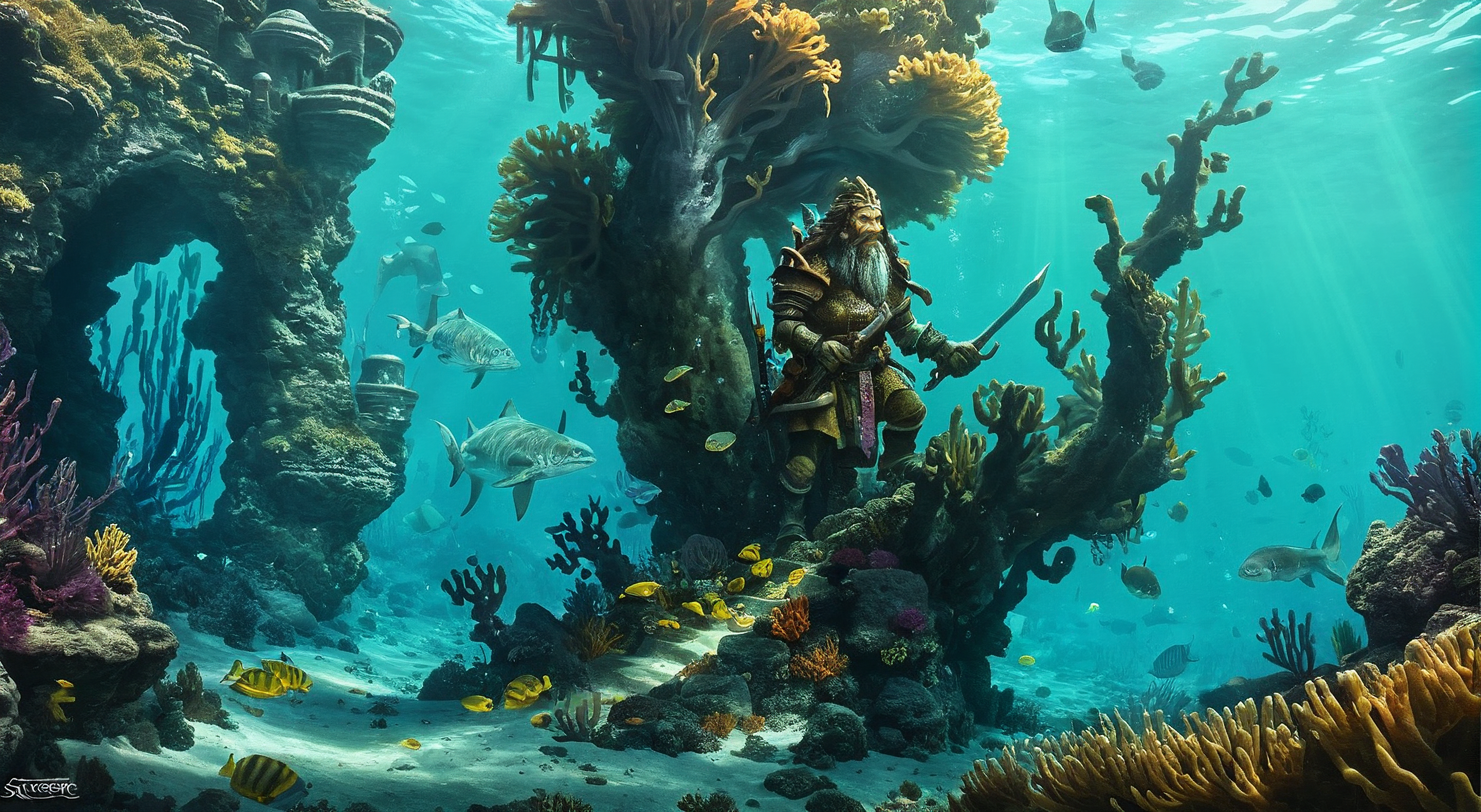 landscape, fantasy, underwater, magical, photography, stvmccrr, style, rpgartworkstyle, fantasy, rpg, rpgartworkstyle, artwork, detailed,,,,,  <lora:MJ52:.3> <lora:CinematicStyle_v1:.45> <lora:stvmccrr:.6> <lora:RpgArtworkStyle_v1:0.9> <lora:add-detail-xl:1>