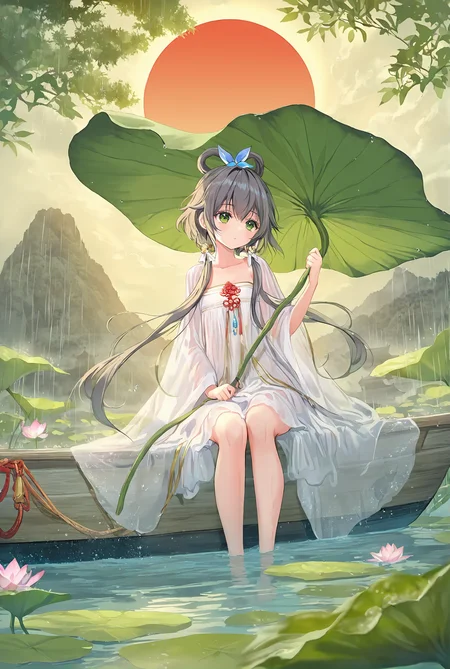 luo tianyi,sitting on boat,alternate_costume,(artist:atdan:0.9),(artist:torino_aqua:0.8),(artist:izumi_tsubasu:0.9),(artist:kedama_milk:1.05),(artist:nardack:0.75),(artist:ke-ta:0.95),(artist:toosaka_asagi:0.7),(artist:sho_(sho_lwlw):0.8),(artist:as109:0.8),{{{{{{{{ink_wash_painting,sketch,Chinese style}}}}}}},year 2024,
1girl,{{{portrait}}},close-up,{{{transparent clothes,see-through chinese hanfu}}},{{white trim}},{{{{naked blue chinese hanfu}}}},{hanfu neck strap},breasts strap,erotic lingerie,{{{side-tie}}},{{long rope}},strapless,ribbon,chinese knot,{{{see-through shawl,see-through capelet ,tassel,floating clothes,gold trim}}},lotus,cleavage,wide sleeves,sitting on boat,boat,lotus leaf,lotus flower,collarbone,long sleeves,temple,mountain,buddha,sun,clouds,{{fog}},rain,water,splashing,hydrokinesis,wading,huge leaf,holding huge leaf,rain,leaf umbrella,lotus leaf,
extremely detailed cg unity 8k wallpaper,masterpiece,original,highres,ray tracing,dynamic lighting,refined rendering,depth of field,ambience sense,detailed light,extremely light,beautiful detailed lighting,perfect lighting,best shadow,detailed shadow,