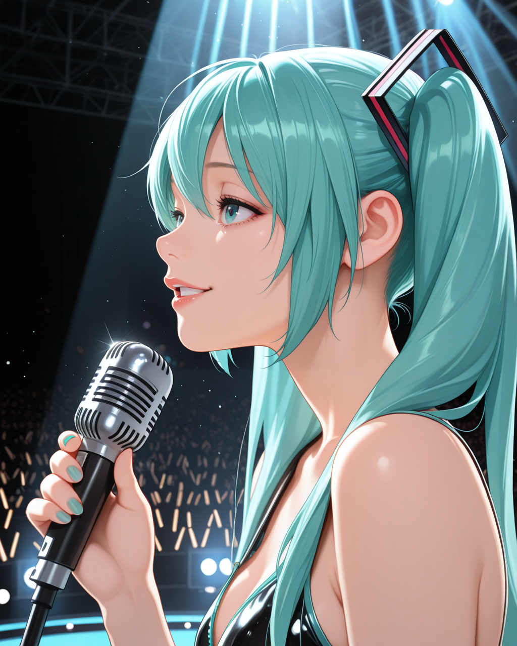 masterpiece,best quality,highres illustration,detailed face,1girl,<lora:srbeauty_IL:1>,beauty,hatsune miku,holding microphone,smile,parted lips,stage,spotlight,from side,