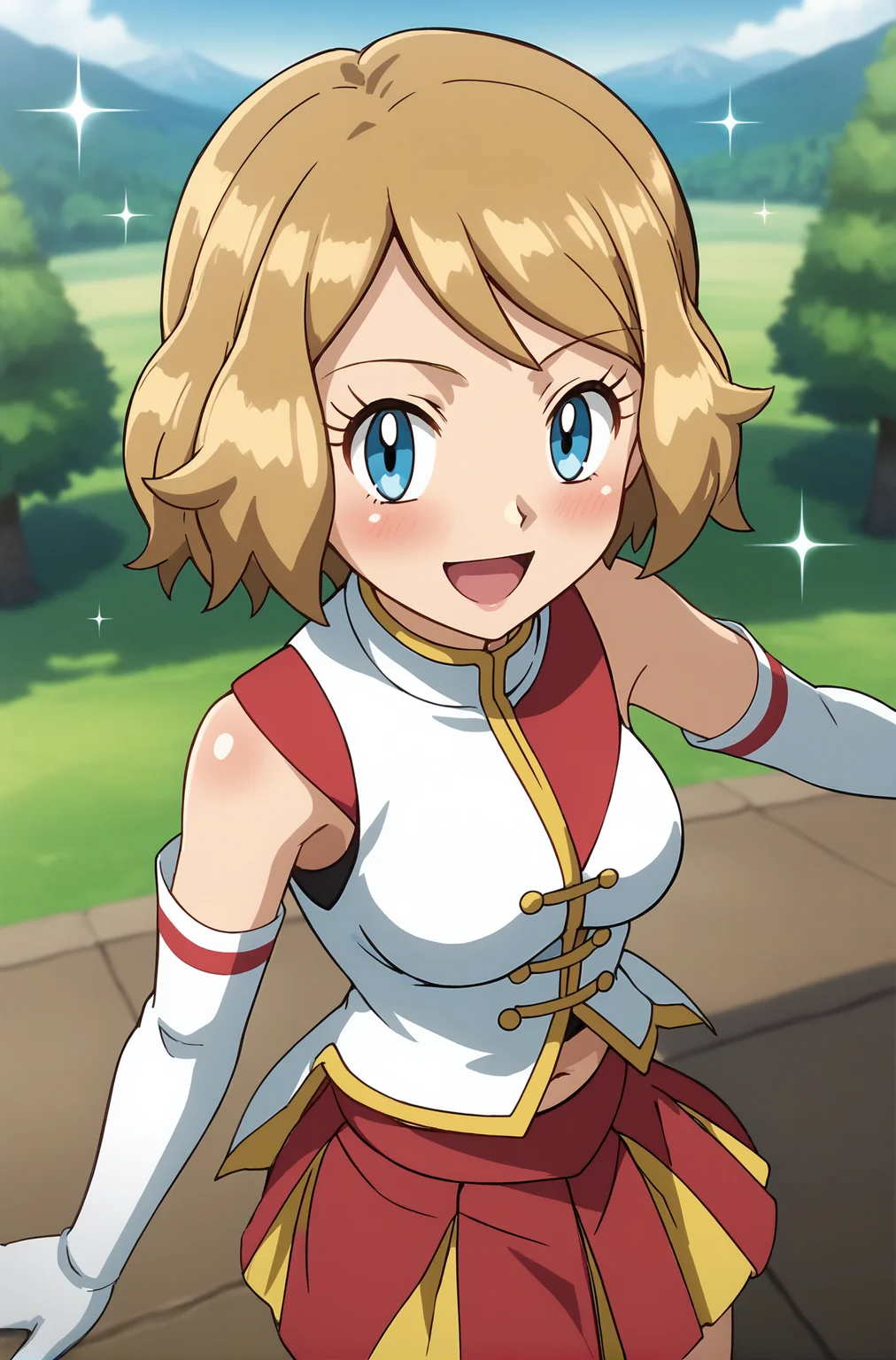 score_9, score_8_up, score_7_up, score_6_up, source anime, anime, animification, anime screencap, anime coloring, vivid colors, shiny skin, skindentation, deep skin, depth of field, high quality, highres, (dynamic angle,dynamic pose),
serenadorixlc, 1girl, solo, looking at viewer, blush, smile, short hair, open mouth, blue eyes, skirt, brown hair, gloves, outdoors, tree, mountain, standing, cowboy shot, flower, :d, sleeveless, tongue, elbow gloves, white gloves, eyelashes, sparkle, red skirt, light brown hair, serena \(pokemon\), medium breasts
BREAK
masterpiece
<lora:SerenaDoriDoriCheerleader:0.85>