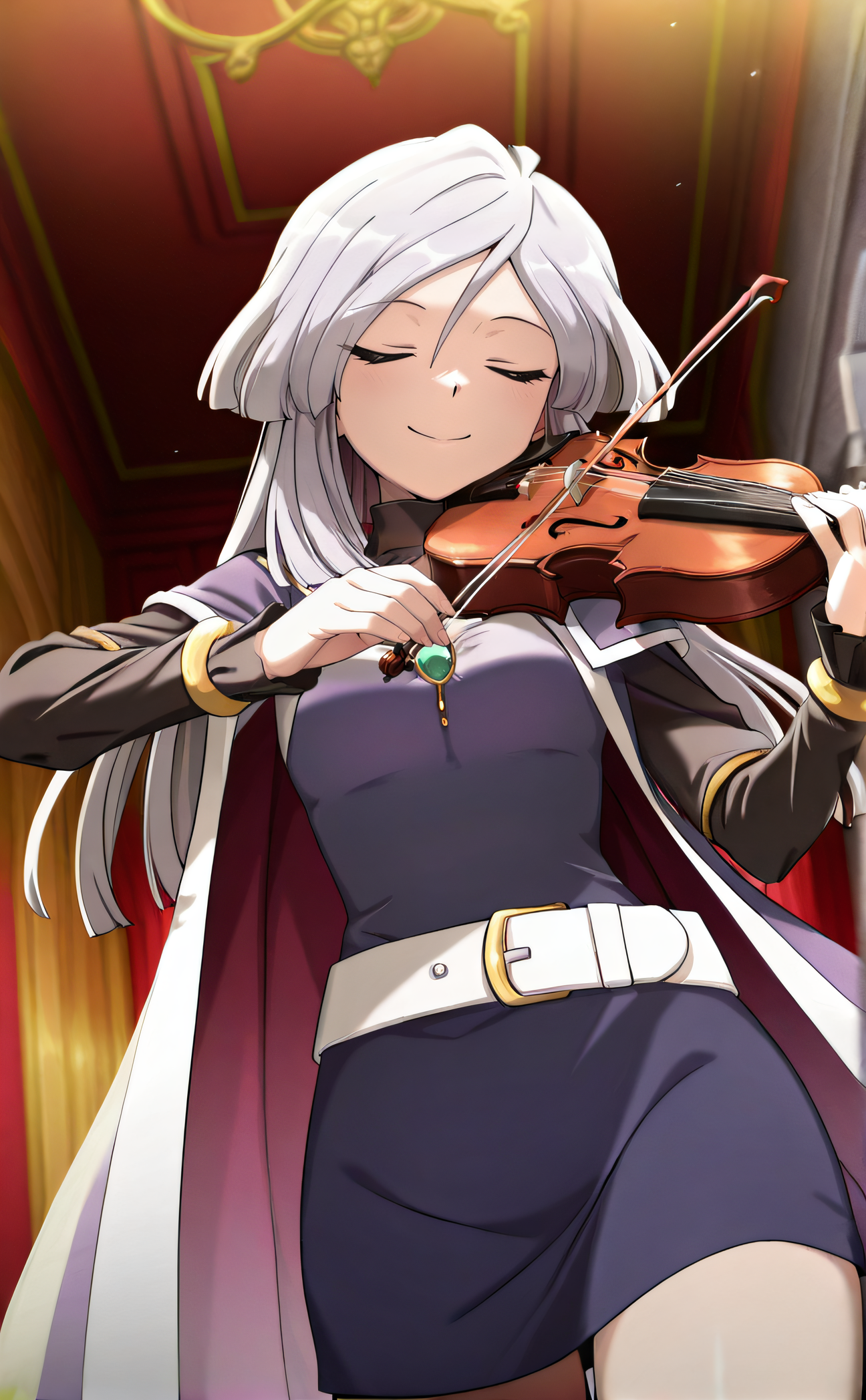masterpiece, best quality, highres, newest, 1girl, solo, official style, anime screencap, <lora:Tiffany:1>, tiffany. closed eyes, grey long hair, purple dress, white belt, cape, long sleeves, looking at viewer, smile, cowboy shot, from below, five fingers:1.3, playing instrument, violin, indoor
