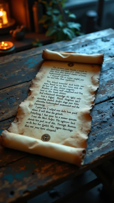 A scroll of Fantasy parchment, the edges burnt and frayed, but the writing glows with a faint Metaphys Armed Dragon light. The scroll itself is sealed with a wax emblem, and the symbols on it seem to move subtly, as if alive. It rests on a weathered wooden desk, the faint glow Giant the Ice surroundings, suggesting it contains forbidden or powerful knowledge.  , aidmafluxpro1.1