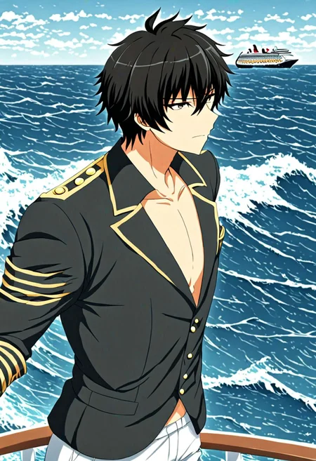 high resolution, solo, best quality, 1Boy, Seiya Kanie, black hair, short hair, thin, sea, bow cruise ship, stong wind, ocean, OverallDetail