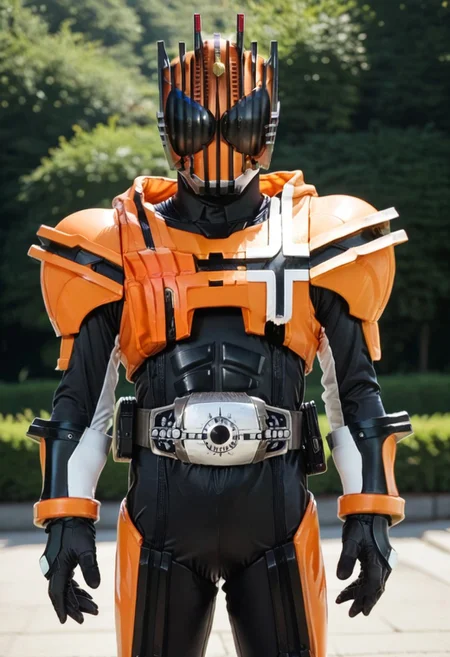 score_9, score_8, score_7, solo, armor, tokusatsu, bodysuit, helmet, rider belt, ghost, hoodie, black bodysuit, orange armor, black eyes
