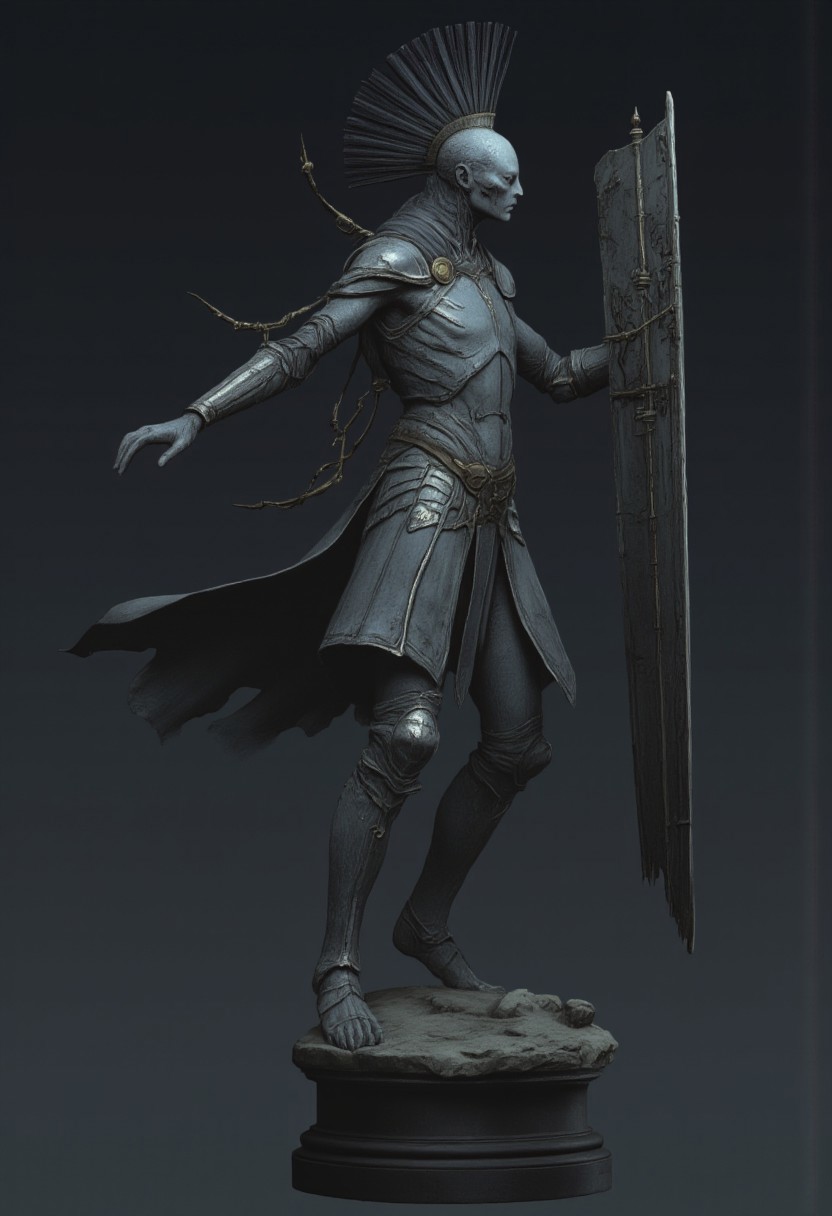 Standring in a hyper extended action pose
A feathered knight with a cape, holding a templar shield, and a gladiator sword
Set against a solid dark color background to emphasize its unsettling unnatural form that emphasizes its silhouette. The medium is not a traditional painting or illustrative medium like watercolor or ink but rather a digital 3D rendering.
MikeFranchinastyle, d4artstyle, d4concept, , bbstyle,, horror theme,, zbrush, ZBClay model of a gray sculpture, 1990's, 1990's style